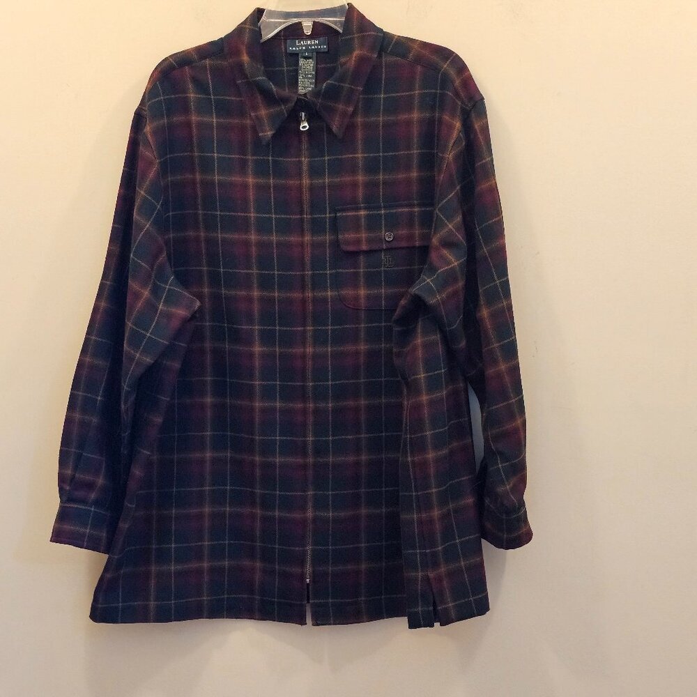 Men's Lauren Ralph Lauren Wool Shirt Jacket Green Red‎ Plaid Elbow Patch Size L